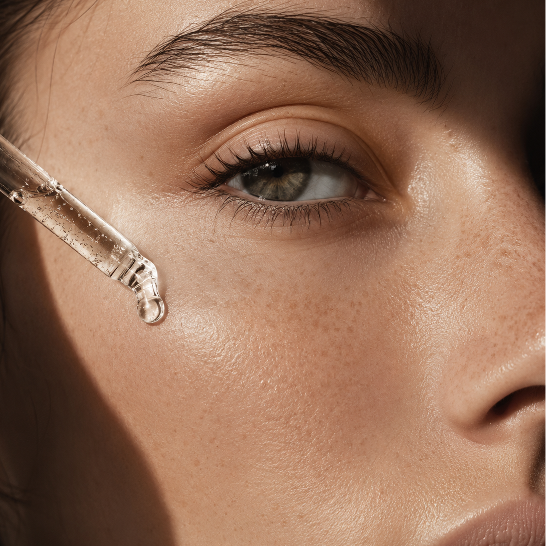 Editorial close-up of a woman’s eye with glossy skin and a glass dropper applying clear castor oil serum under soft cinematic light. Minimal luxury beauty aesthetic with natural lashes and warm shadows.