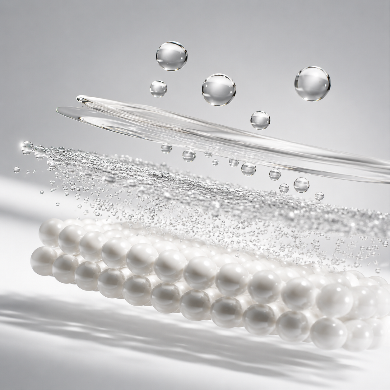 Minimalistische Luxus-Visualisierung von Kollagenpeptiden und Hyaluronsäure mit schwebenden Molekülen und transparenter Hautstruktur für DaFab Colladerm