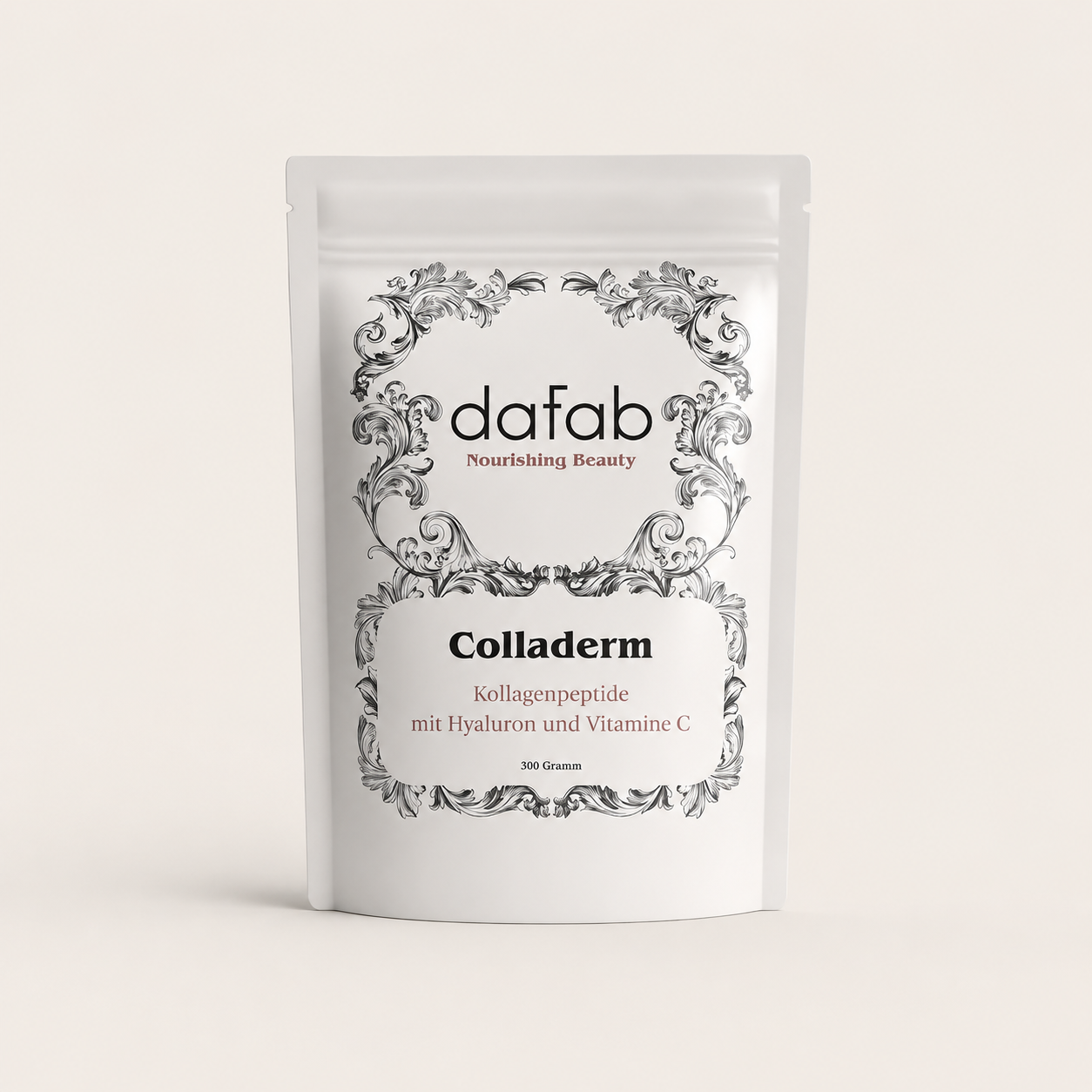 “Minimalist studio shot of DaFab Colladerm collagen peptides with hyaluronic acid and vitamin C on a soft cream background.”