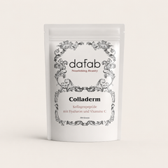 “Minimalist studio shot of DaFab Colladerm collagen peptides with hyaluronic acid and vitamin C on a soft cream background.”