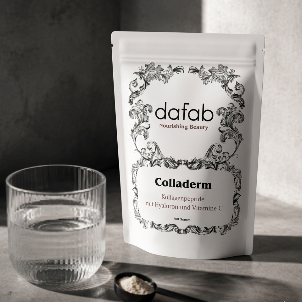 Editorial Produktfoto von DaFab Colladerm mit Kollagenpeptiden, Hyaluron und Vitamin C neben Wasserglas in modernem minimalistischen Luxus-Stil