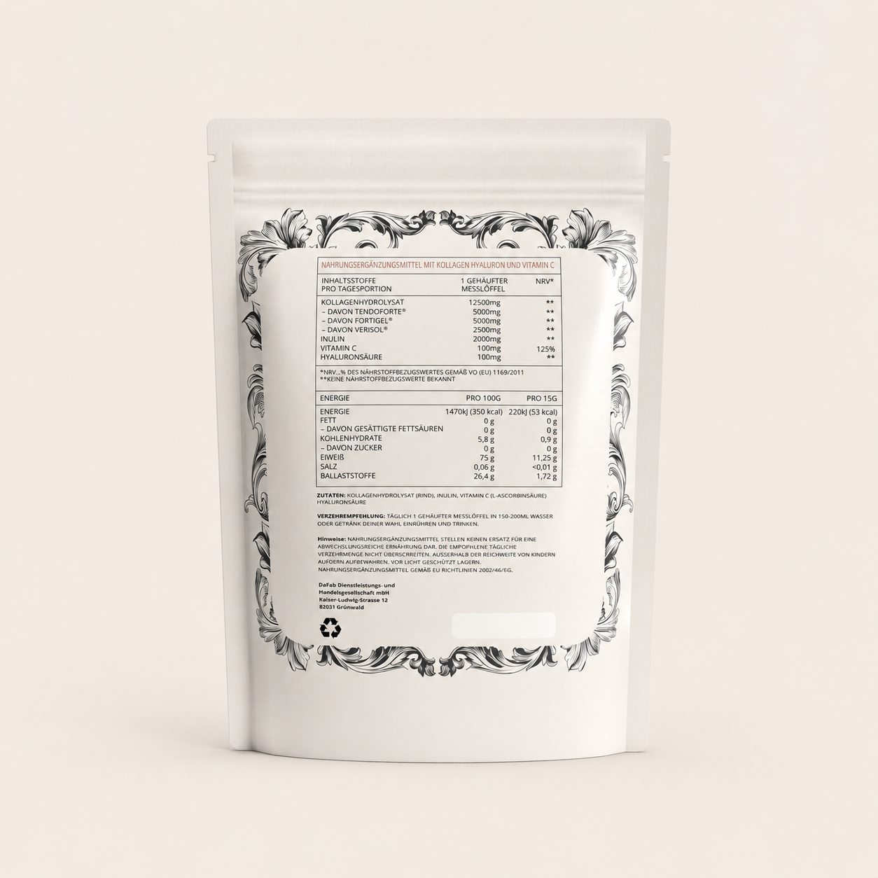 Back label of DaFab Colladerm collagen supplement showing ingredients, nutrition facts and usage instructions.”