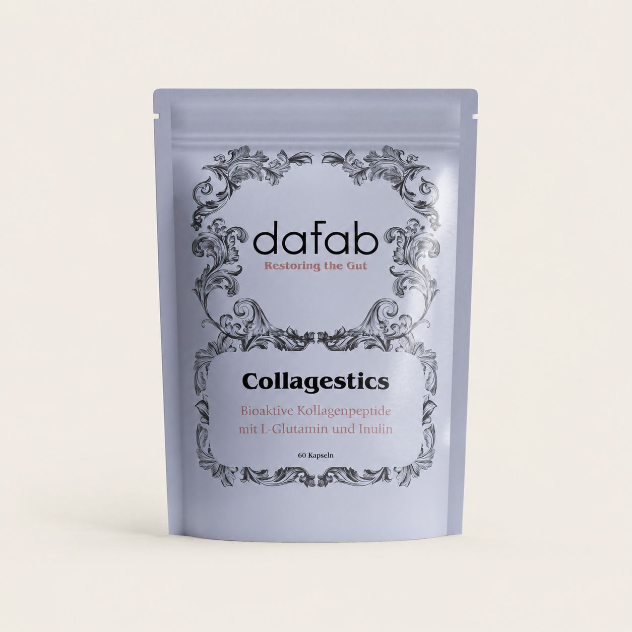 “DaFab Collagestics gut health collagen supplement with L-glutamine and inulin in minimalist editorial packaging.”
