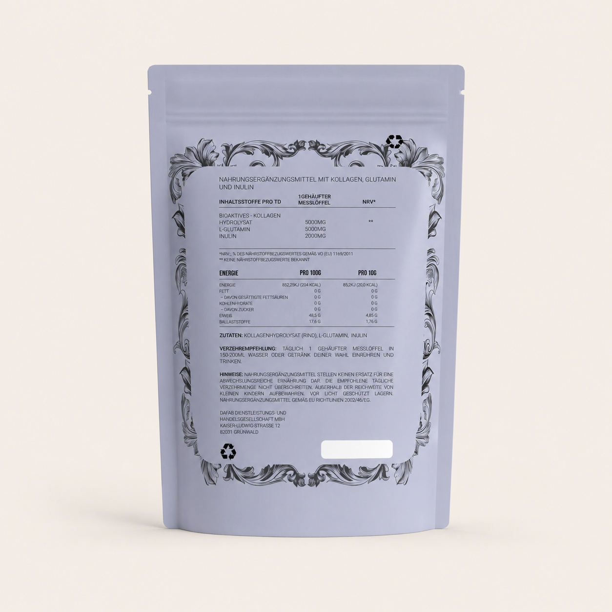 “Back label of DaFab Collagestics collagen and gut support supplement with ingredients and nutrition information.”

