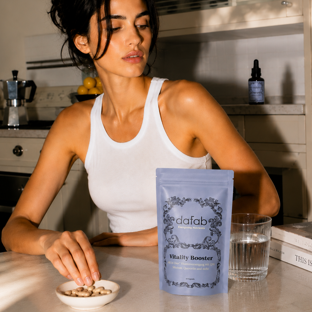 Frau nimmt den DaFab Vitality Booster am Frühstückstisch als Teil ihrer täglichen Functional-Beauty-Routine für Energie und Vitalität Vitamin D3 Tropfen im Hintergrund