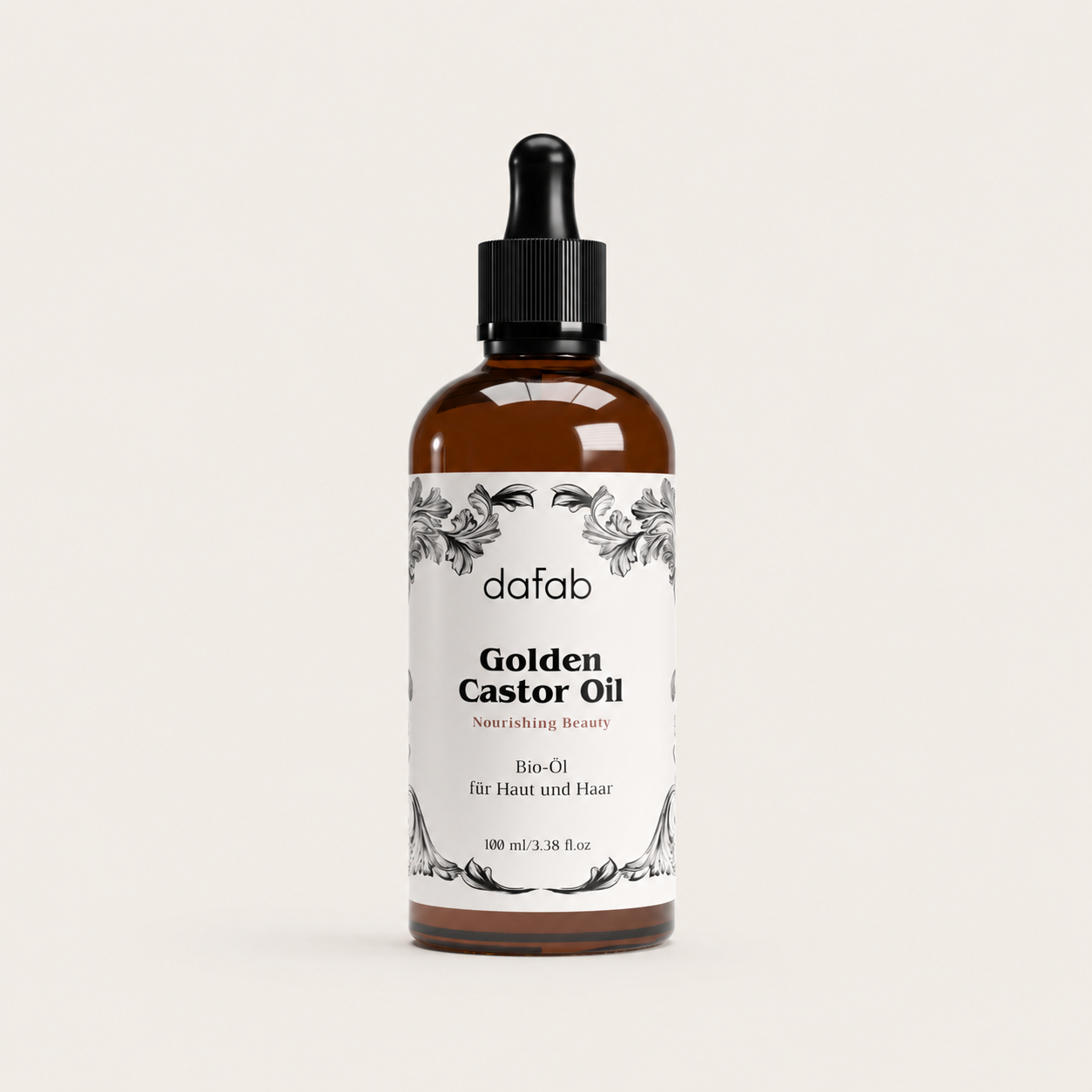 “DaFab Golden Castor Oil for skin and hair in amber glass bottle with dropper.”