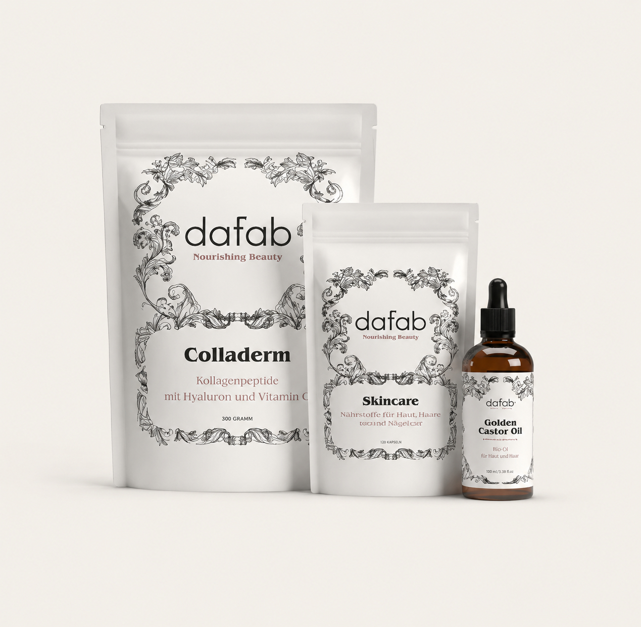 “Editorial wellness bundle featuring DaFab beauty supplements and Golden Castor Oil in a minimal luxury setting.”