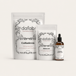 “Editorial wellness bundle featuring DaFab beauty supplements and Golden Castor Oil in a minimal luxury setting.”