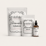 “Editorial wellness bundle featuring DaFab beauty supplements and Golden Castor Oil in a minimal luxury setting.”