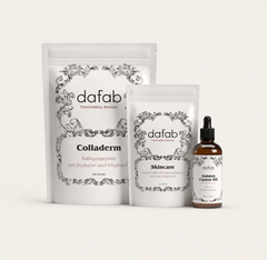 “Editorial wellness bundle featuring DaFab beauty supplements and Golden Castor Oil in a minimal luxury setting.”