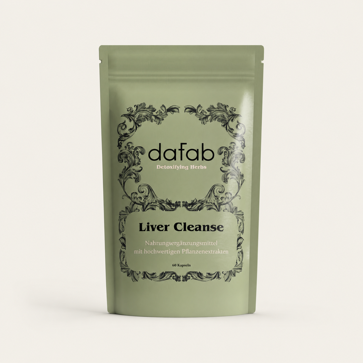 “DaFab Liver Cleanse herbal supplement in soft green packaging on a neutral cream background.”