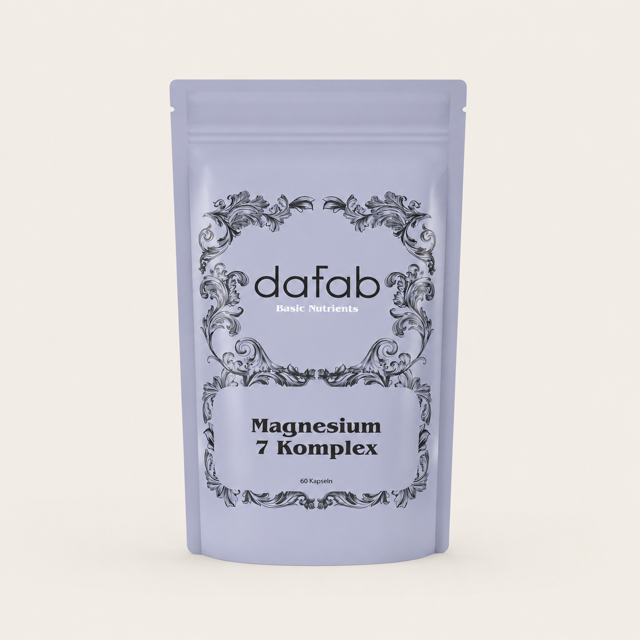 “DaFab Magnesium 7 Komplex supplement in minimalist lavender packaging for recovery and relaxation.”