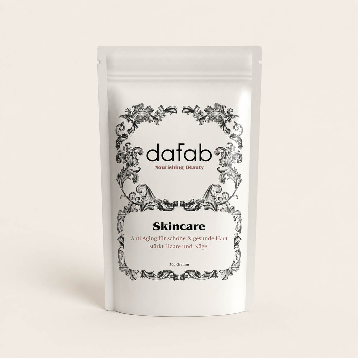 “DaFab skincare capsules for hair, skin and nails photographed in a clean editorial studio setting.”