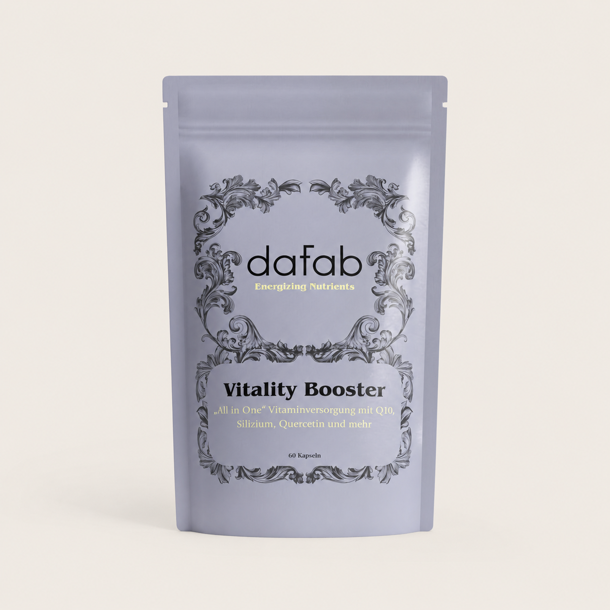 “DaFab Vitality Booster supplement with vitamins and antioxidants in editorial lavender packaging.”