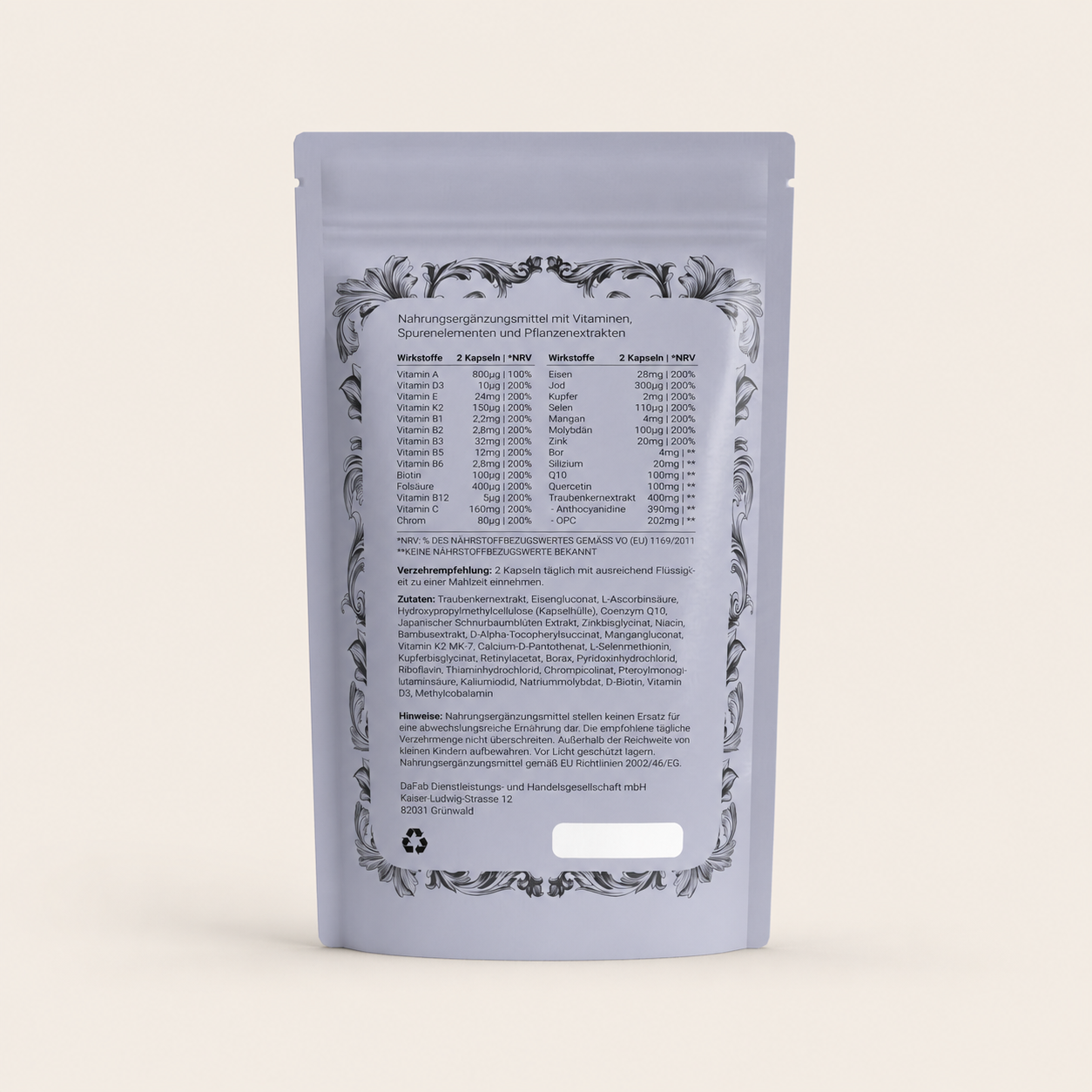 “Back label of DaFab Vitality Booster supplement showing vitamins, minerals and antioxidant blend.”