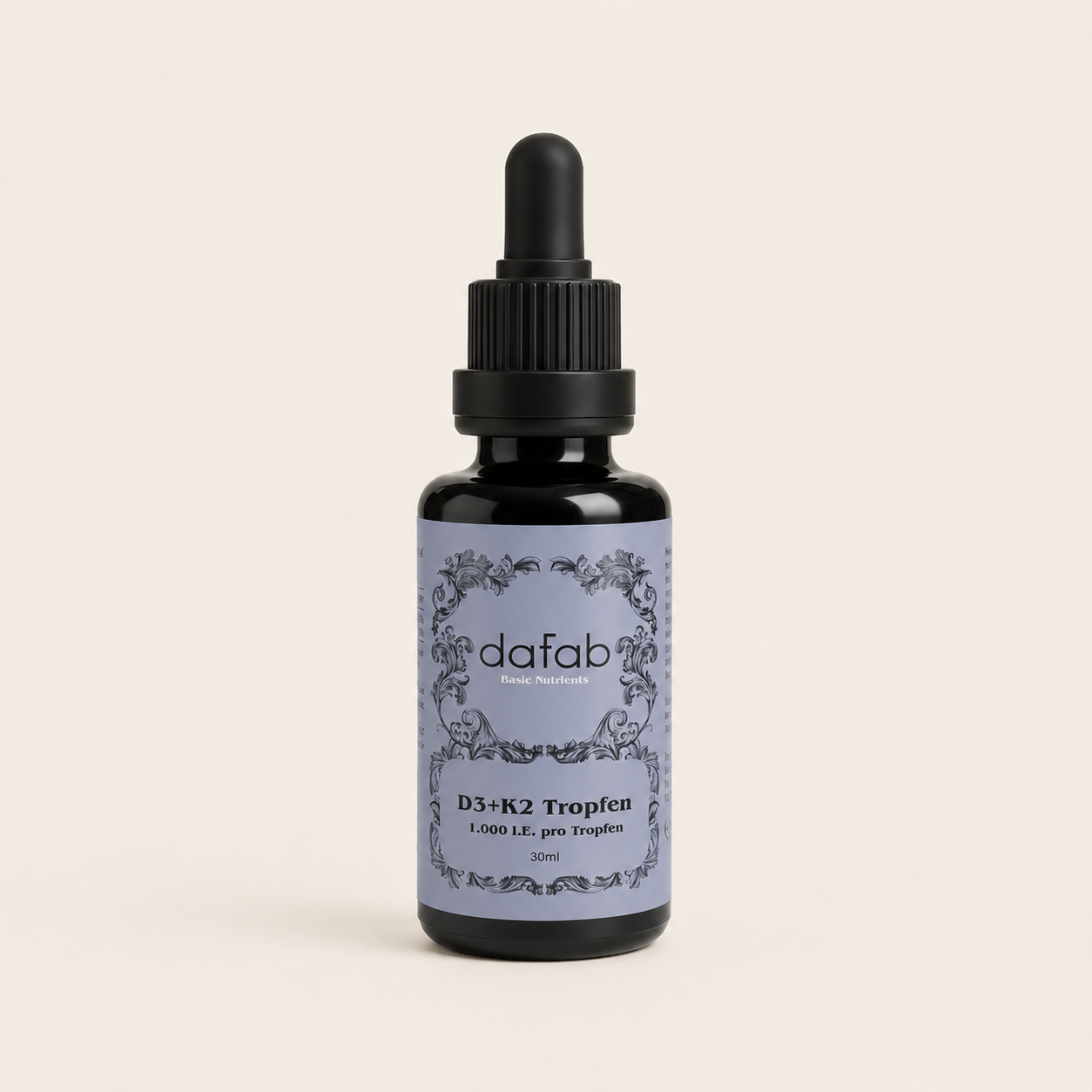 “DaFab vitamin D3 and K2 drops in minimalist amber glass bottle on soft cream background.”
