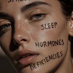 Close-up editorial beauty portrait of a woman with the words stress, sleep, hormones and deficiencies written on her skin, illustrating the connection between internal health and skin appearance.