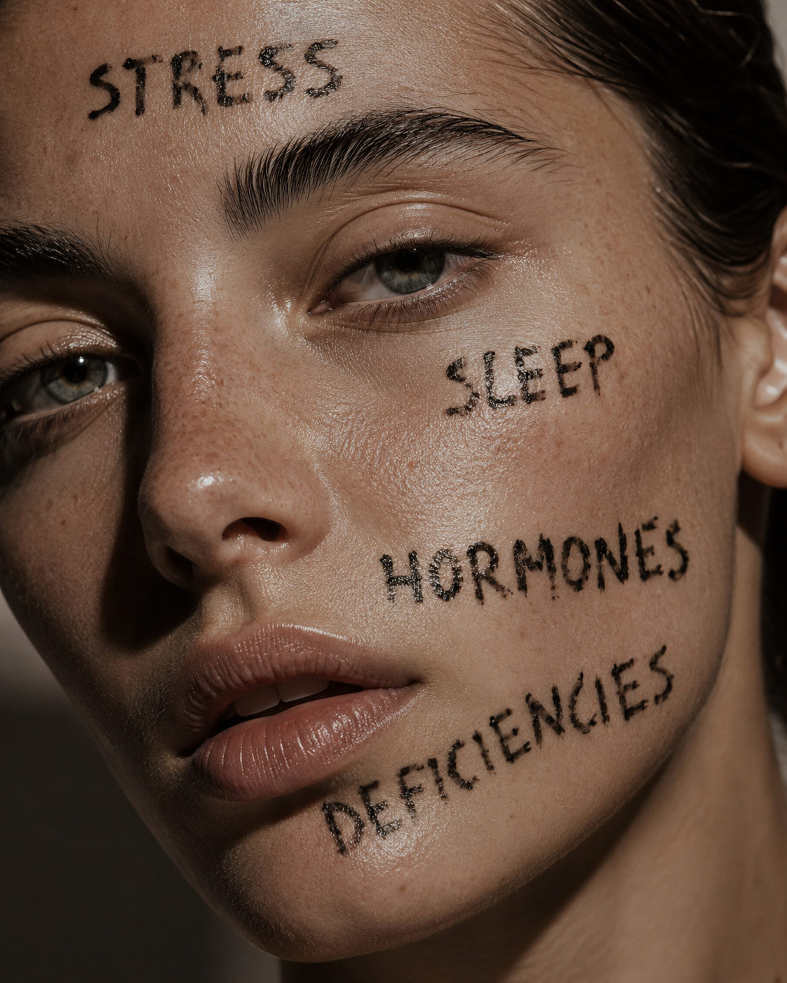 Close-up editorial beauty portrait of a woman with the words stress, sleep, hormones and deficiencies written on her skin, illustrating the connection between internal health and skin appearance.